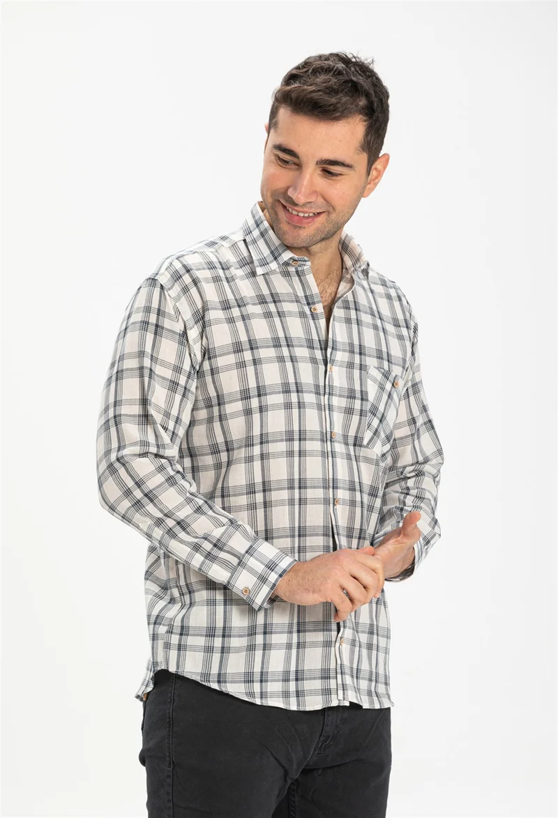 اكبينيز Long Sleeve Şile Cloth Single Pocket Men's Shirt Black Plaid 3062