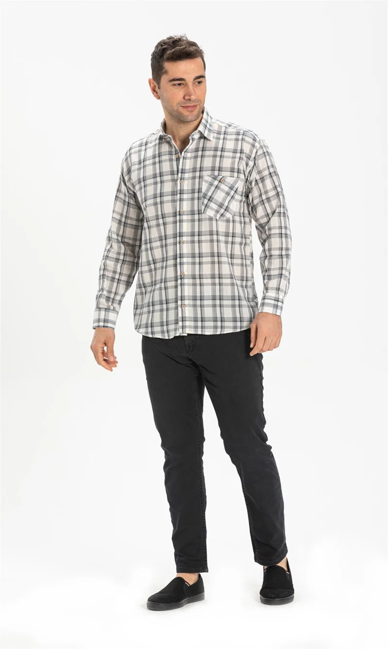 اكبينيز Long Sleeve Şile Cloth Single Pocket Men's Shirt Black Plaid 3062