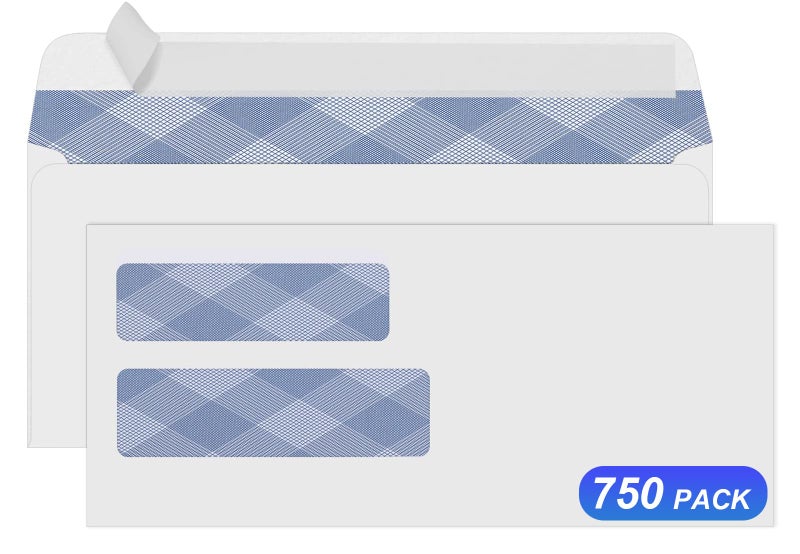 PANDRI 750#10 Security Envelopes, PANDRI NO.10 Self-Seal Double Window Envelopes Designed for QuickBooks Invoices, Business Statements & Documents - Number 10 Size 4 1/8 Inch X 9 1/2 Inch - 24 LB - Image 1