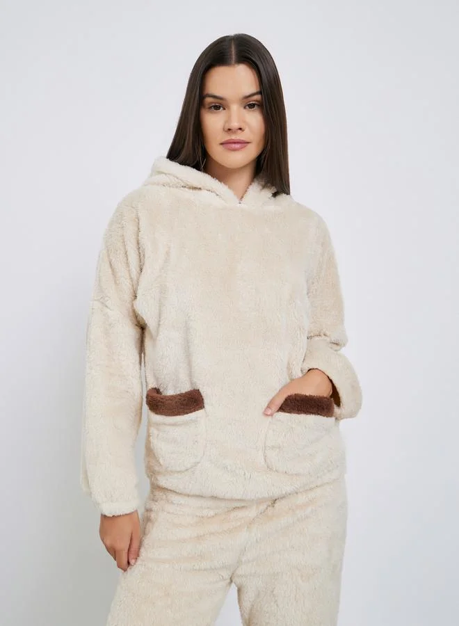Styli Bear Ears Hooded Contrast Pocket Top and Pyjama Set