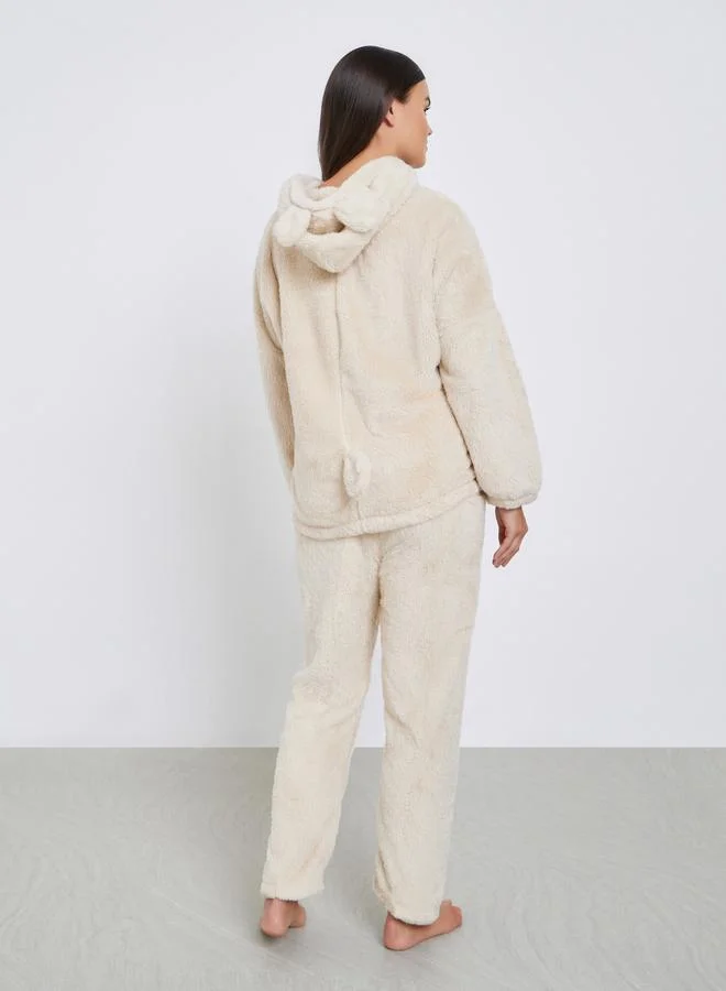 Styli Bear Ears Hooded Contrast Pocket Top and Pyjama Set