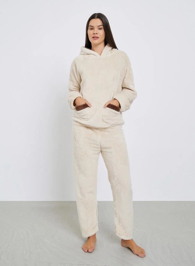 Styli Bear Ears Hooded Contrast Pocket Top and Pyjama Set