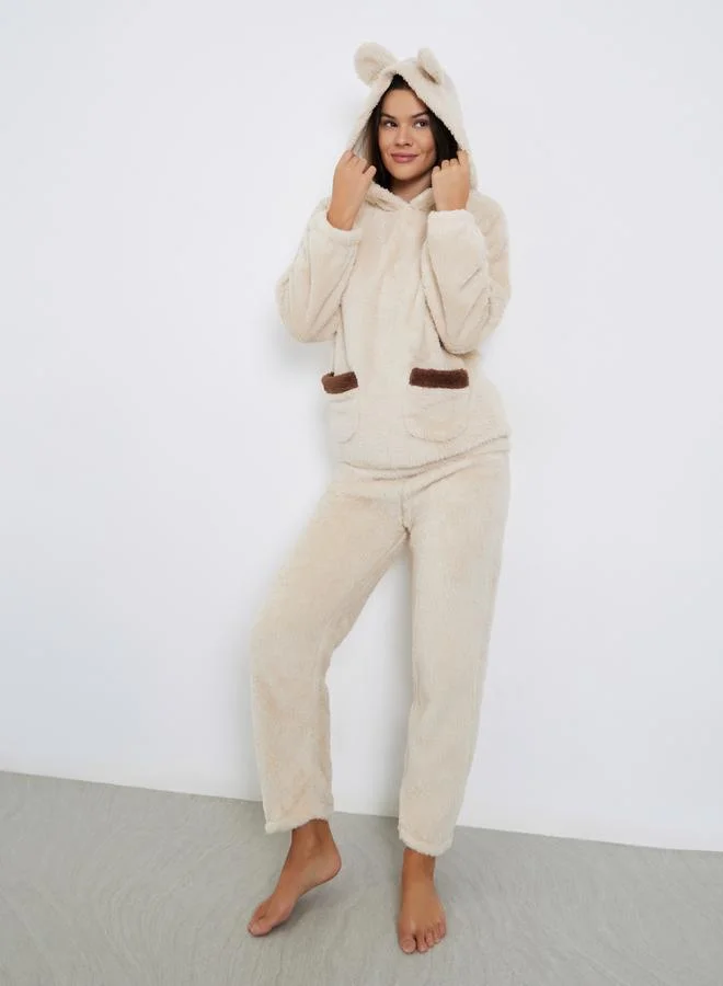Styli Bear Ears Hooded Contrast Pocket Top and Pyjama Set