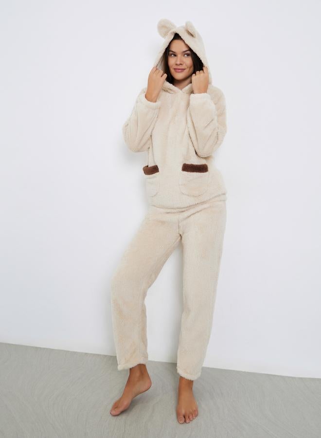 Styli Bear Ears Hooded Contrast Pocket Top and Pyjama Set - Image 1