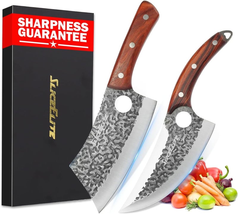 SliceElite 2PCS Hand-Forged Butcher Knife Set | Cleaver & Viking Knives for Meat Cutting | Professional Chef Knife Gift Box, Perfect BBQ Tool for Men - Image 1