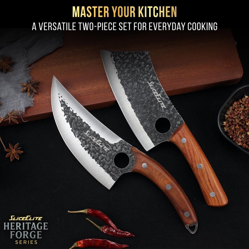 SliceElite 2PCS Hand-Forged Butcher Knife Set | Cleaver & Viking Knives for Meat Cutting | Professional Chef Knife Gift Box, Perfect BBQ Tool for Men - Image 4