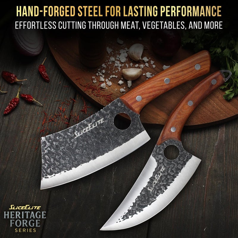 SliceElite 2PCS Hand-Forged Butcher Knife Set | Cleaver & Viking Knives for Meat Cutting | Professional Chef Knife Gift Box, Perfect BBQ Tool for Men - Image 3