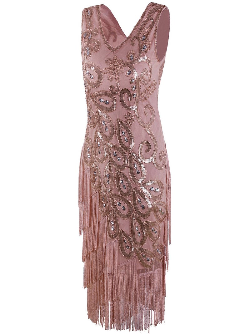 Vijiv Womens Vintage 1920s Style Flapper Dress V Neck Beaded Fringe Roaring 20s Great Gatsby Dress, Champagne Large - Image 3