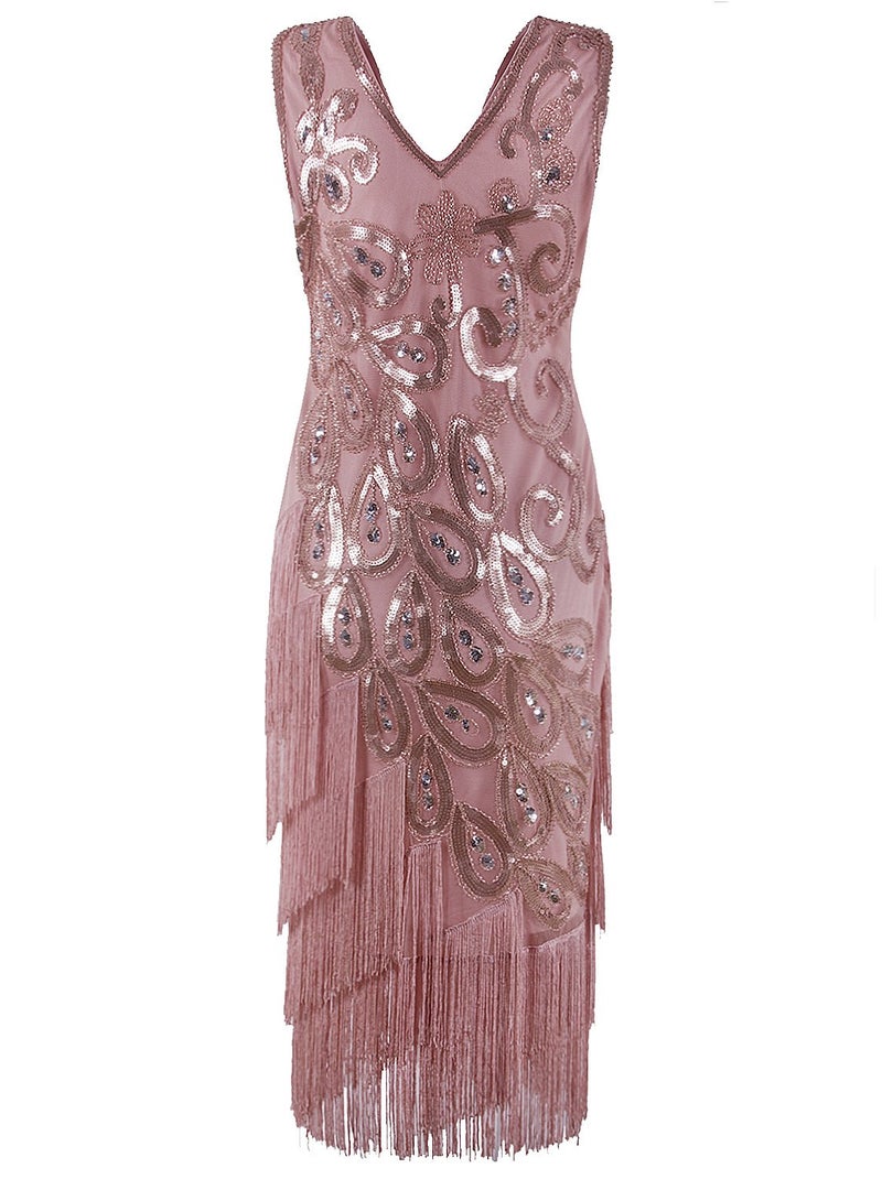 Vijiv Womens Vintage 1920s Style Flapper Dress V Neck Beaded Fringe Roaring 20s Great Gatsby Dress, Champagne Large - Image 4
