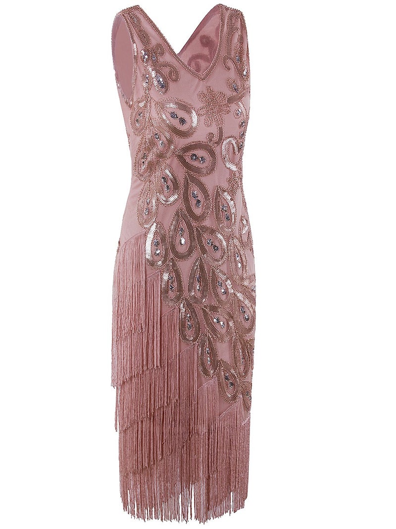 Vijiv Womens Vintage 1920s Style Flapper Dress V Neck Beaded Fringe Roaring 20s Great Gatsby Dress, Champagne Large - Image 2