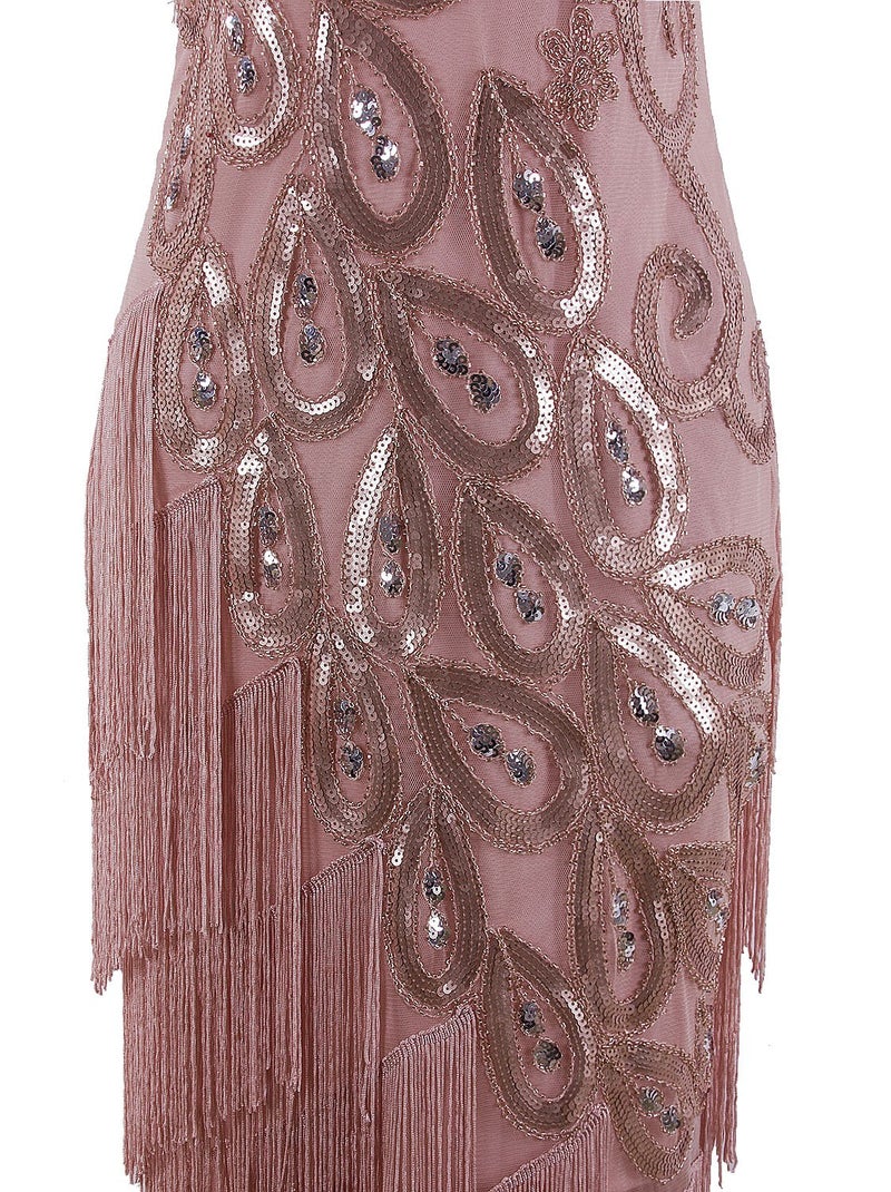 Vijiv Womens Vintage 1920s Style Flapper Dress V Neck Beaded Fringe Roaring 20s Great Gatsby Dress, Champagne Large - Image 5