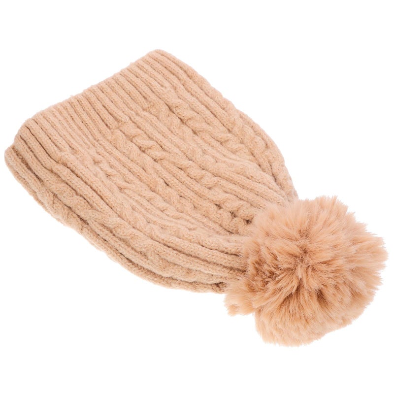 Winter Knitted Beanie Hat With Pom Pom Thermal Acrylic Braided Cap For Women Khaki - Image 2