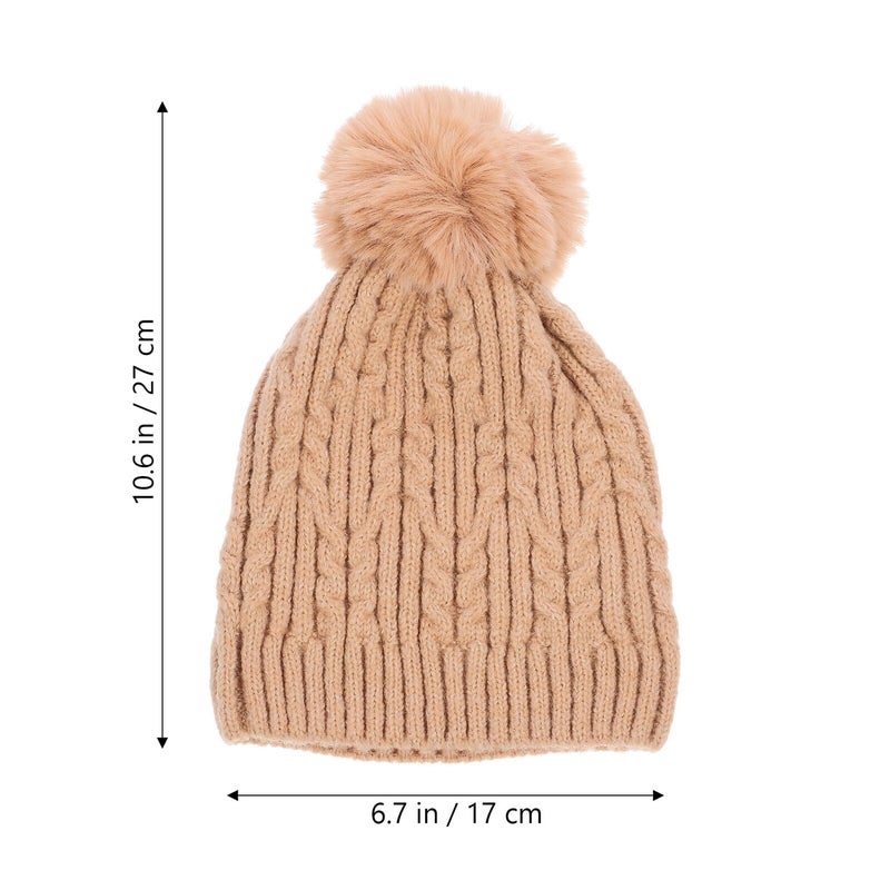 Winter Knitted Beanie Hat With Pom Pom Thermal Acrylic Braided Cap For Women Khaki - Image 3