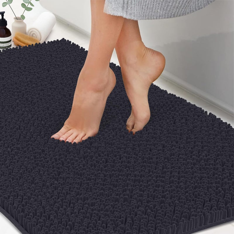 ITSOFT Plush Bathroom Rug 47x21 Absorbent Machine Washable Non Slip Chenille Bath Mats Quick Dry Bathmat Bath Rugs for Bath Shower Bedroom or Door Mat Black
