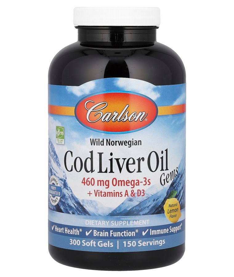 Wild Norwegian Cod Liver Oil Gems Natural Lemon 300 Soft Gels