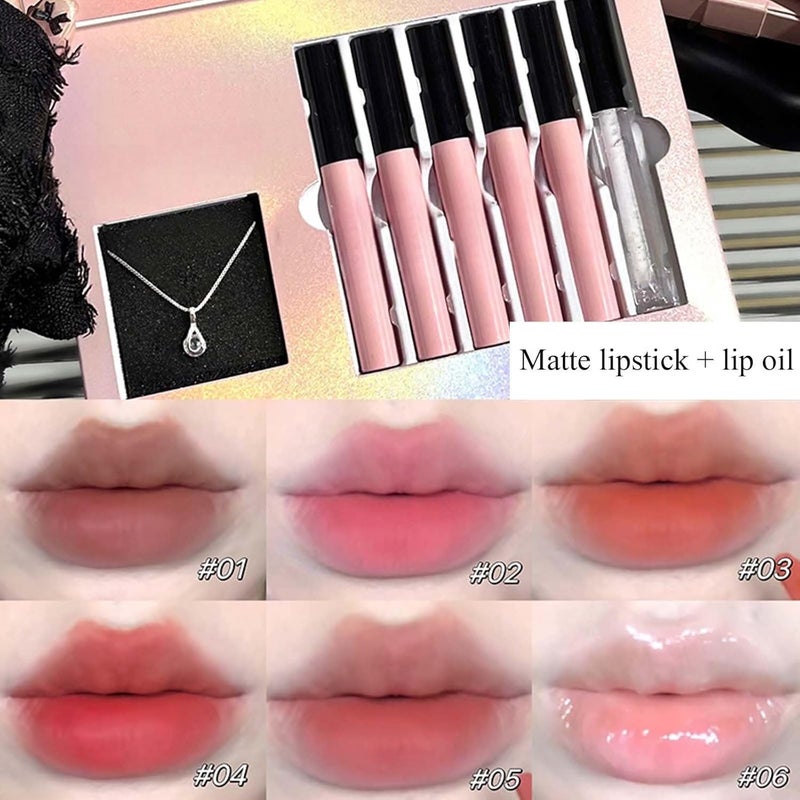 6Pcs Plump Lip Gloss Lip Oil Set,Fat Lip Oil Matte Nude Lip Glosses,Long Lasting Color Lip Gloss Set with Rich,Complimentary Women's Necklace,Transfer-Proof Wear&Long Lasting Non-Sticky - Image 2