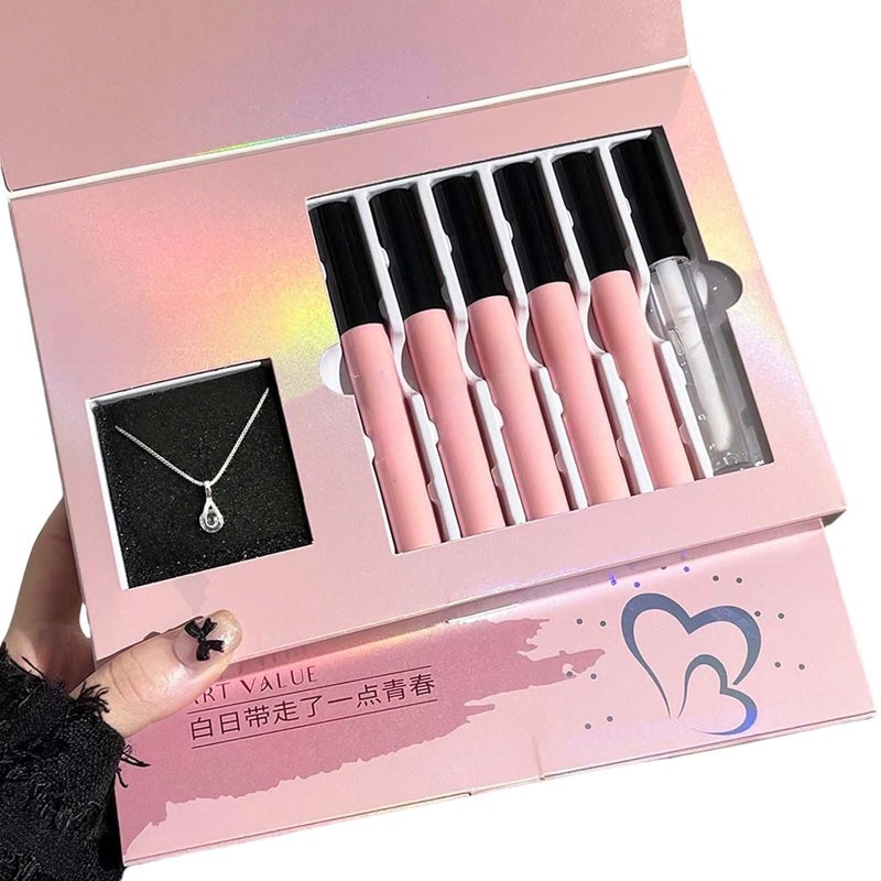 6Pcs Plump Lip Gloss Lip Oil Set,Fat Lip Oil Matte Nude Lip Glosses,Long Lasting Color Lip Gloss Set with Rich,Complimentary Women's Necklace,Transfer-Proof Wear&Long Lasting Non-Sticky - Image 1