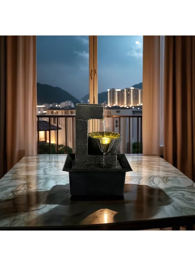 إيروريكس نافورة شلال مكتبية هندسية عصرية مع إضاءة LED، تعمل عبر USB للاسترخاء وتزيين المنزل والمكتب، نافورة فنغ شوي للتأمل والزِن، تصميم رزين داكن لأجواء هادئة - Image 1