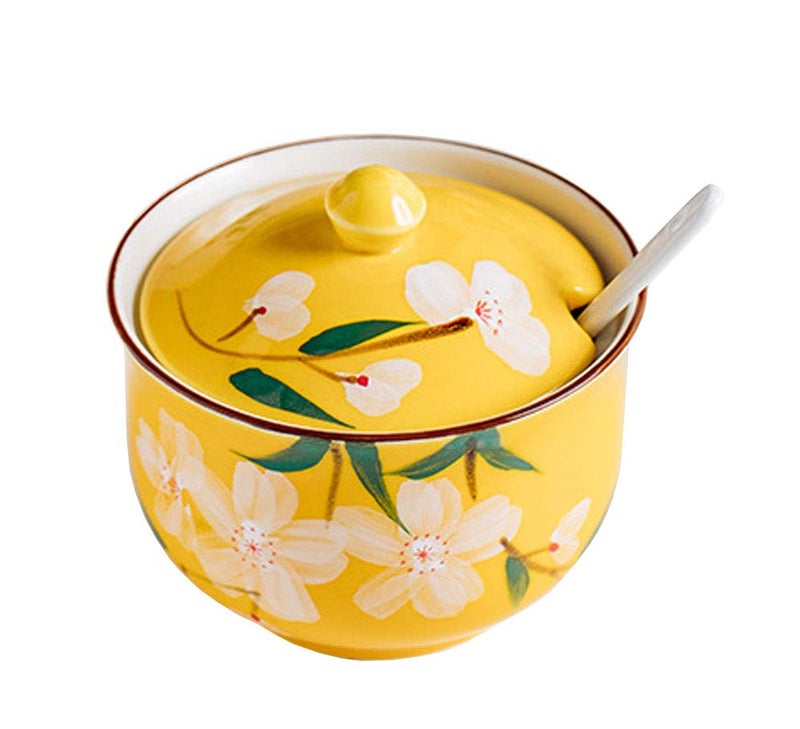 FUYU Handpainted Flower Ceramic Condiment Pot Seasoning Jar Sugar Bowl with Lid and Spoon