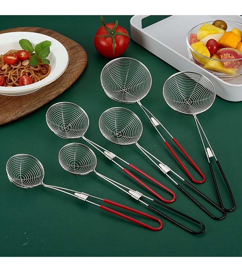 Small Red Stainless Steel Skimmer With Handle For Hot Pot Bubble Tea And Dumpling Multipurpose Colander - Image 2