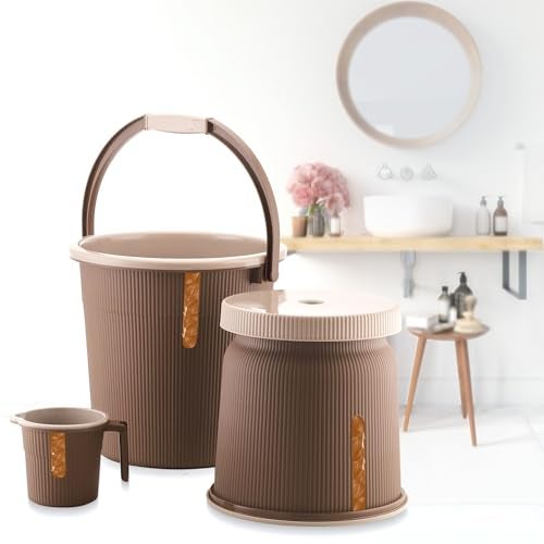 Nabhya Combo of 3 pcs Bathroom Accessories Set Plastic Bathroom Set with 20Ltr Plastic Bucket, Small Mug and Big Stool for Home, Kitchen & Bathroom (Brown) - Image 1