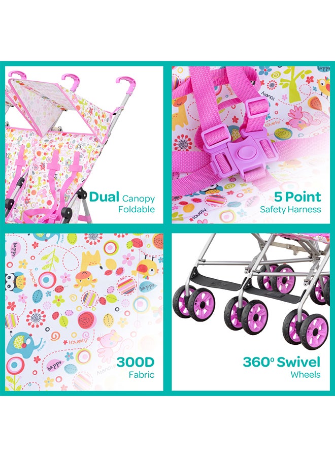 مون عربة أطفال خفيفة الوزن Jet Plus Twin Buggy للسفر، حتى 30 كجم، من عمر 6 أشهر فما فوق، باللون الوردي - Image 5