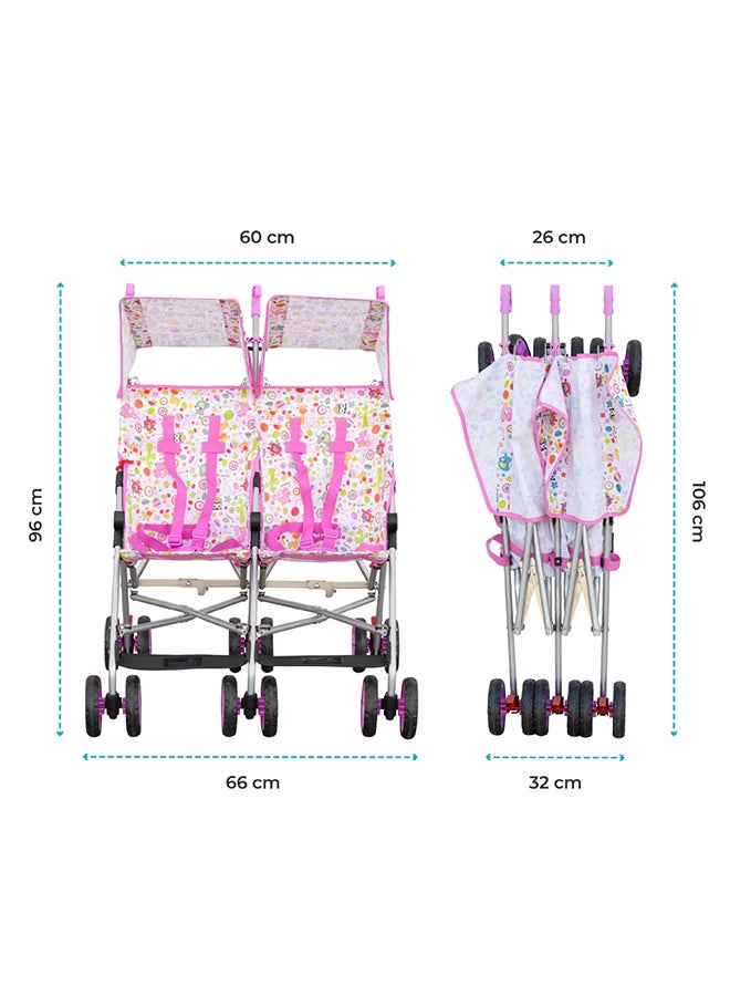 مون عربة أطفال خفيفة الوزن Jet Plus Twin Buggy للسفر، حتى 30 كجم، من عمر 6 أشهر فما فوق، باللون الوردي - Image 3