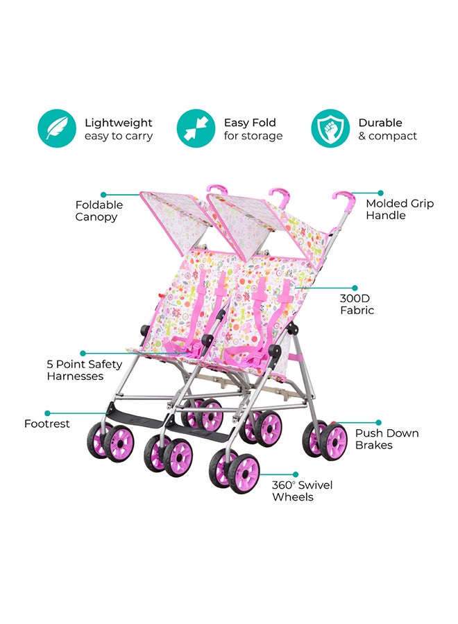 مون عربة أطفال خفيفة الوزن Jet Plus Twin Buggy للسفر، حتى 30 كجم، من عمر 6 أشهر فما فوق، باللون الوردي - Image 2