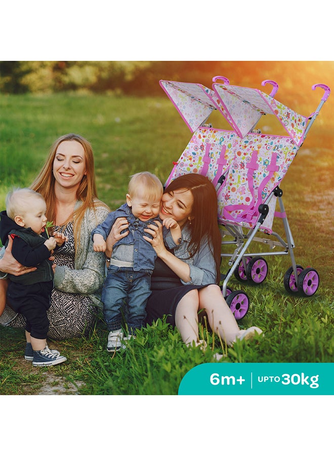 مون عربة أطفال خفيفة الوزن Jet Plus Twin Buggy للسفر، حتى 30 كجم، من عمر 6 أشهر فما فوق، باللون الوردي - Image 4