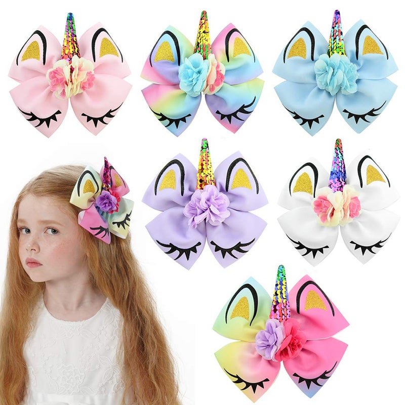 jollybows Girls Unicorn Hair Bows with Alligator Hair Clips Cheer Bows Hair Accessories for Kids Toddlers 6 Packs - Image 1