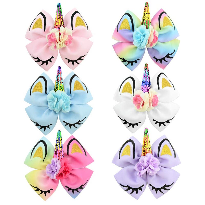 jollybows Girls Unicorn Hair Bows with Alligator Hair Clips Cheer Bows Hair Accessories for Kids Toddlers 6 Packs - Image 2