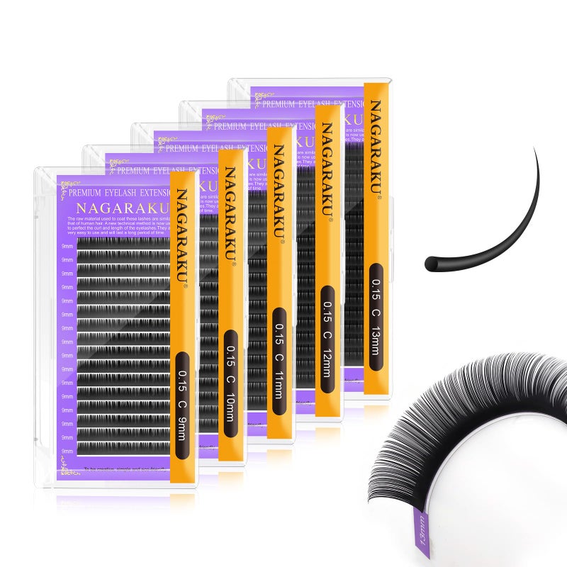 NAGARAKU 5 Trays Eyelash Extensions Individual Lashes 015mm C curl 910111213mm in 1 pack Classic Matte Black Natural Professional Faux Mink 16 rows