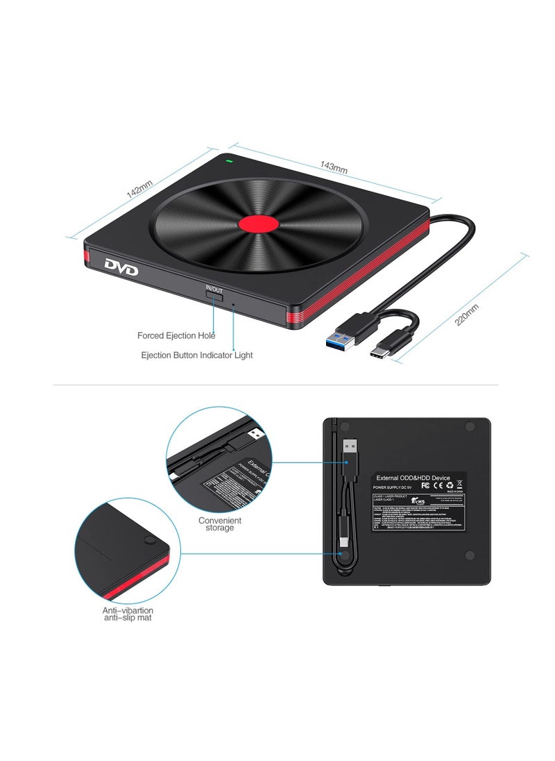SYOSI - External DVD Drive USB 3.0 Type-C CD Burner, Portable CD DVD +/-RW Drive DVD Player USB 3.0 CD DVD RW Burner for All Version Laptop Desktop PC Windows 11/10/8/7/XP Apple Macbook Mac OS Linux - Image 1