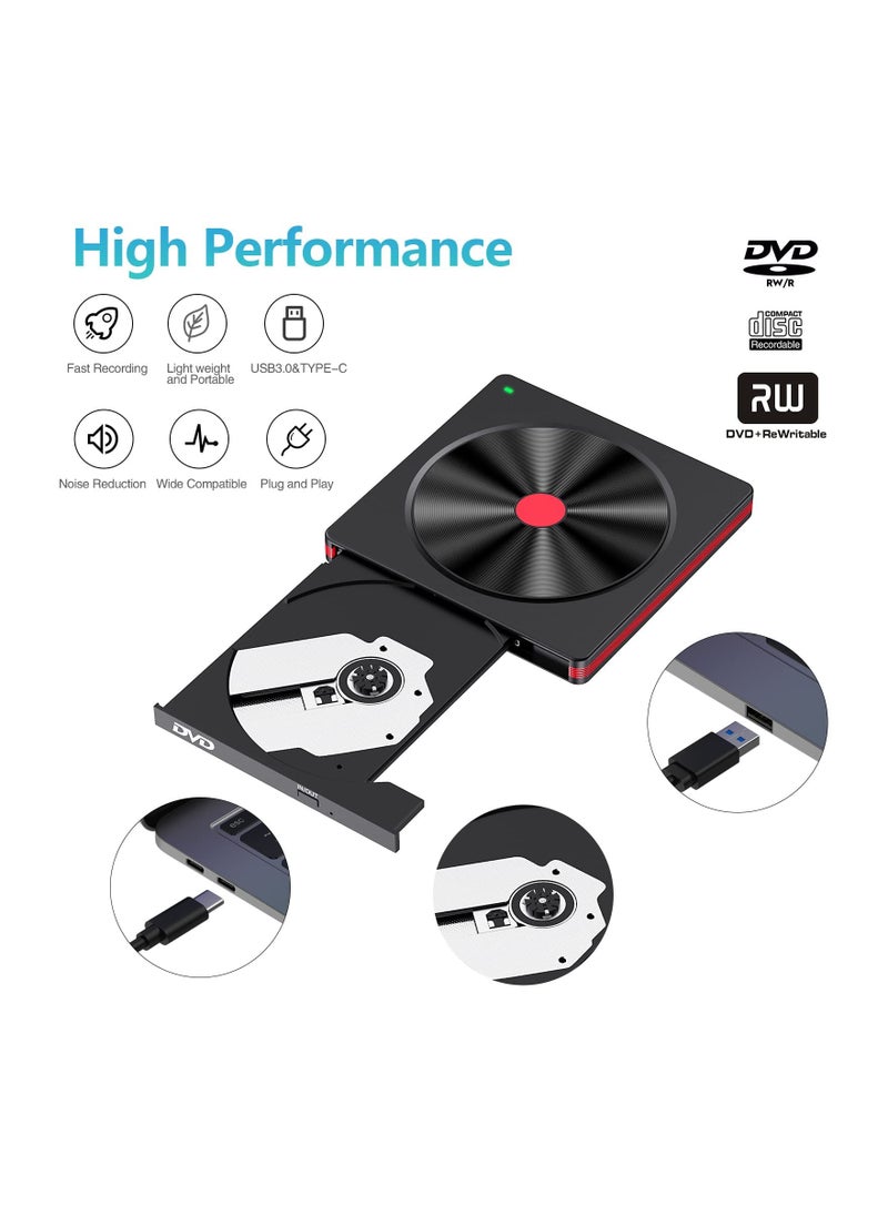 SYOSI - External DVD Drive USB 3.0 Type-C CD Burner, Portable CD DVD +/-RW Drive DVD Player USB 3.0 CD DVD RW Burner for All Version Laptop Desktop PC Windows 11/10/8/7/XP Apple Macbook Mac OS Linux - Image 1