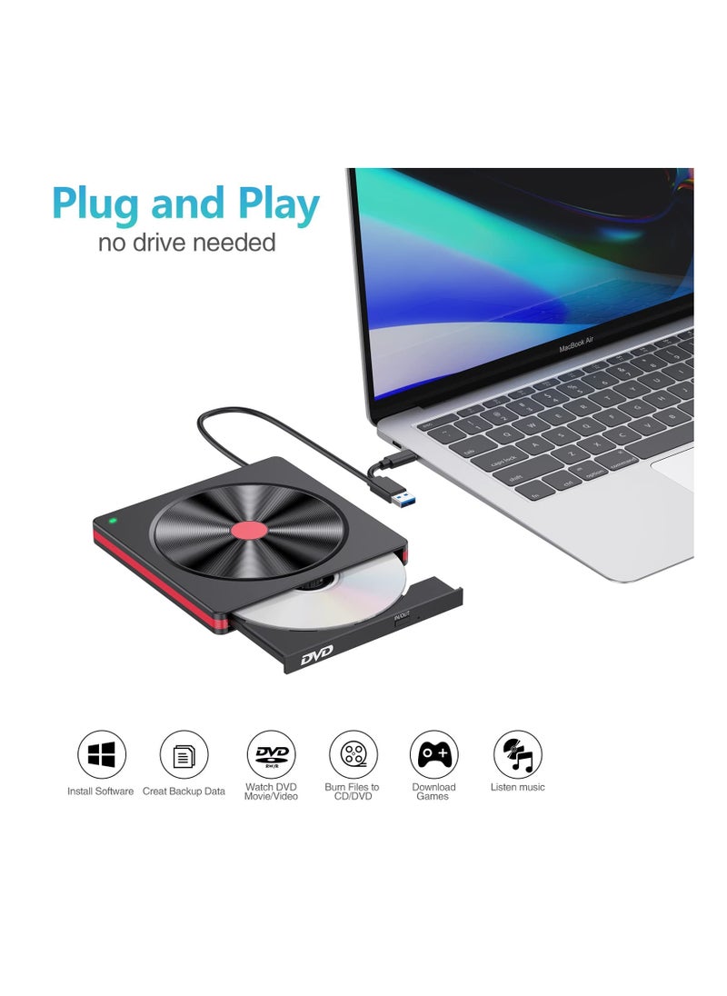 SYOSI - External DVD Drive USB 3.0 Type-C CD Burner, Portable CD DVD +/-RW Drive DVD Player USB 3.0 CD DVD RW Burner for All Version Laptop Desktop PC Windows 11/10/8/7/XP Apple Macbook Mac OS Linux - Image 1