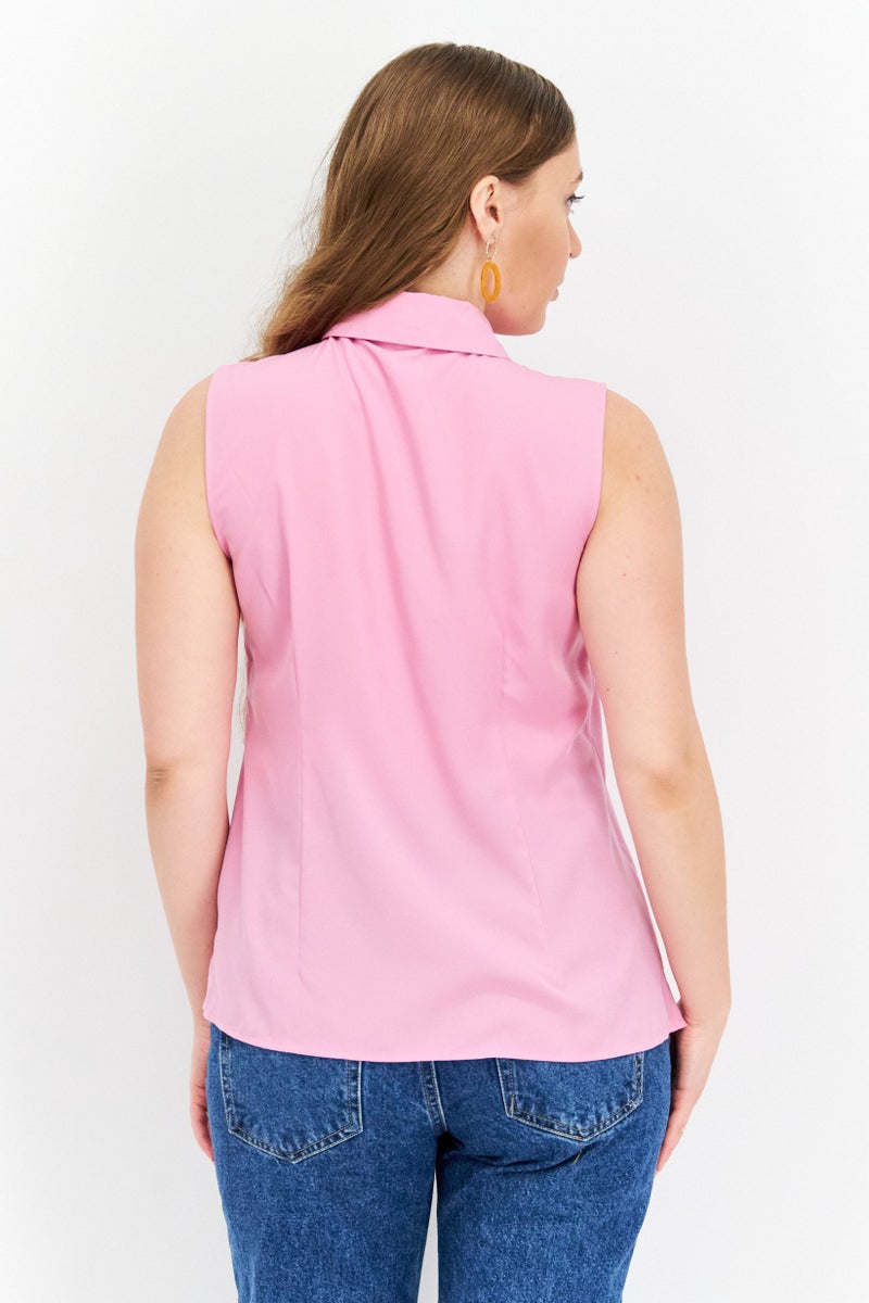 Riley & Rae Women Spread Collar Sleeveless Plain Top, Pink - Image 3