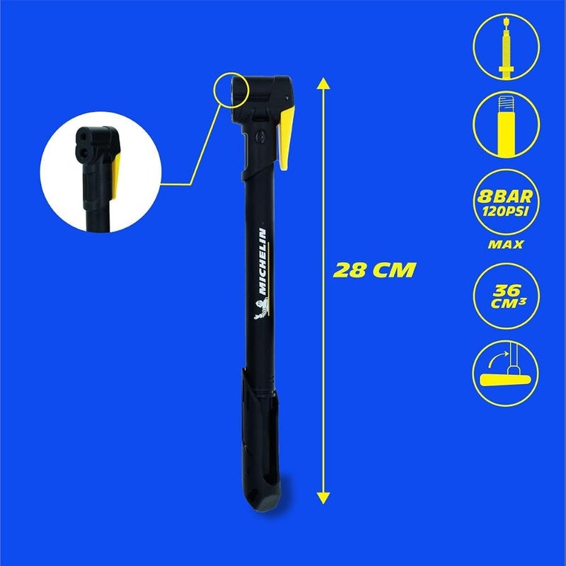 MICHELIN - Air Tech Dual-Head Aluminium Mini Pump - Max Pressure 8 Bar/120 PSI - Lightweight and Easy to Use - T-Handle - Bicycle Attachment Included - Compatible Presta, Schrader, Dunlop Valves - Image 1