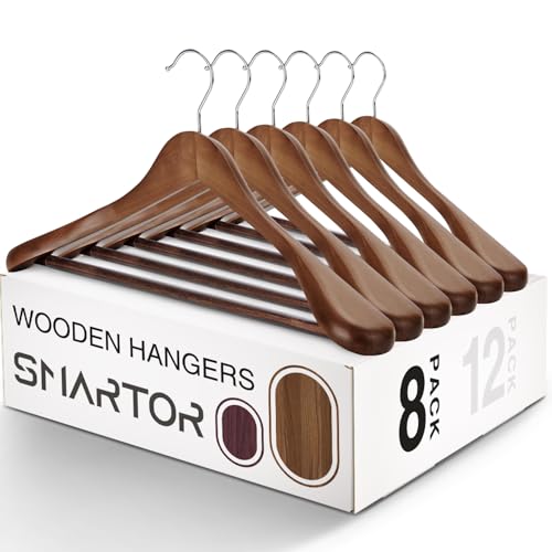 SMARTOR Wooden Suit Hangers for Men 8 Pack, Wide Shoulder Wood Suit Hangers with Non Slip Pant Bar, Wide Hanger for Suits, Coats, Jackets, Walnut - Image 1