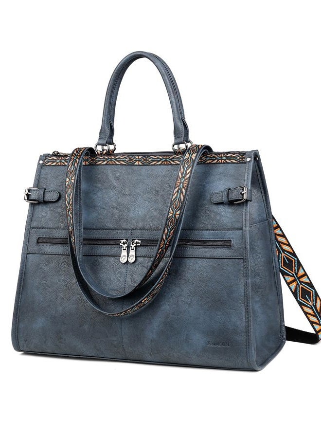 FADEON Laptop Bag for Women Designer PU Leather Large Tote Bags Backpack Purses with 15.6 Laptop Compartment Shoulder Handbag, Dark Blue Retro Style, 16.25 x 7.2 x 13.75 inches - Image 1