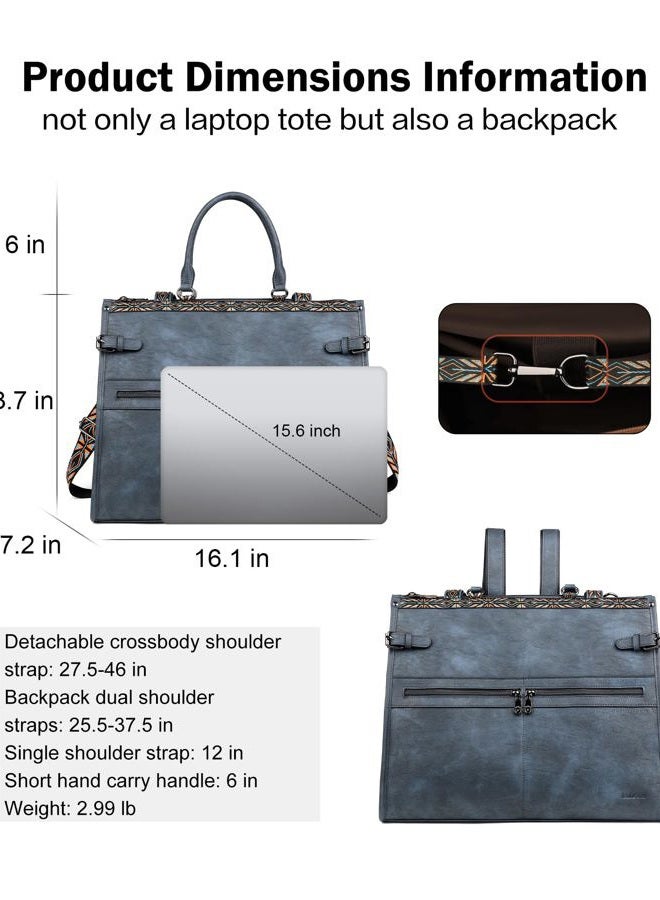 FADEON Laptop Bag for Women Designer PU Leather Large Tote Bags Backpack Purses with 15.6 Laptop Compartment Shoulder Handbag, Dark Blue Retro Style, 16.25 x 7.2 x 13.75 inches - Image 3
