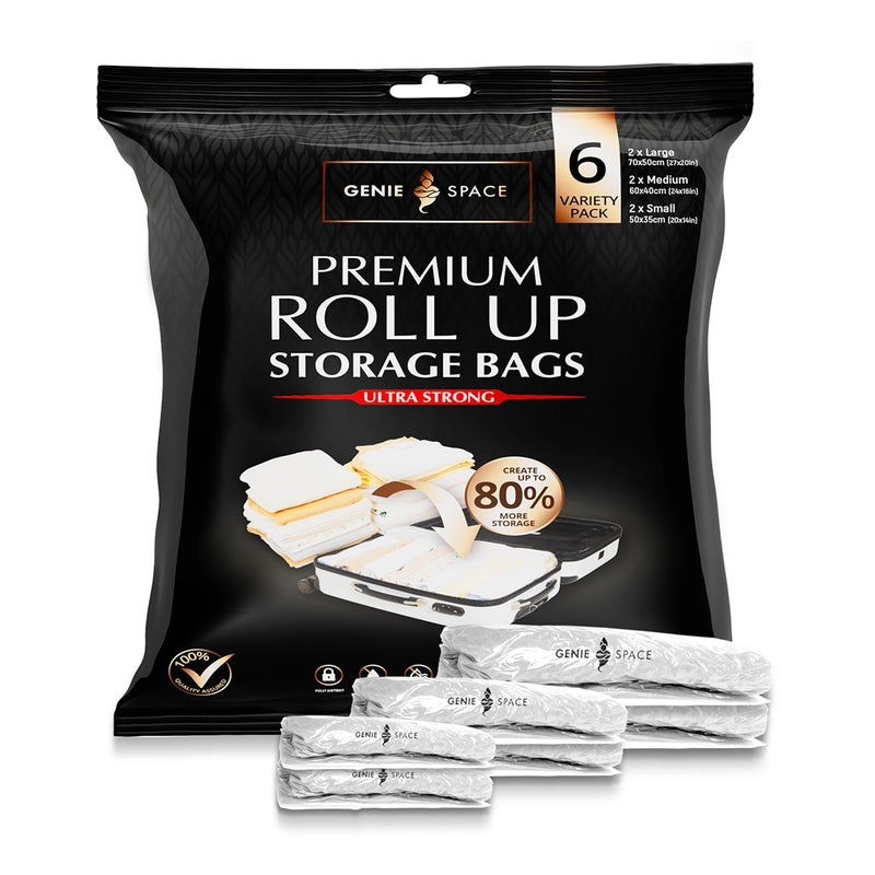 GENIE SPACE RollUp Compression Bags for Clothes  Airtight Waterproof  Reusable Travel Space Saver Bags No Pump Needed  Variety 6Pack 2 Large 2 Medium 2 Small
