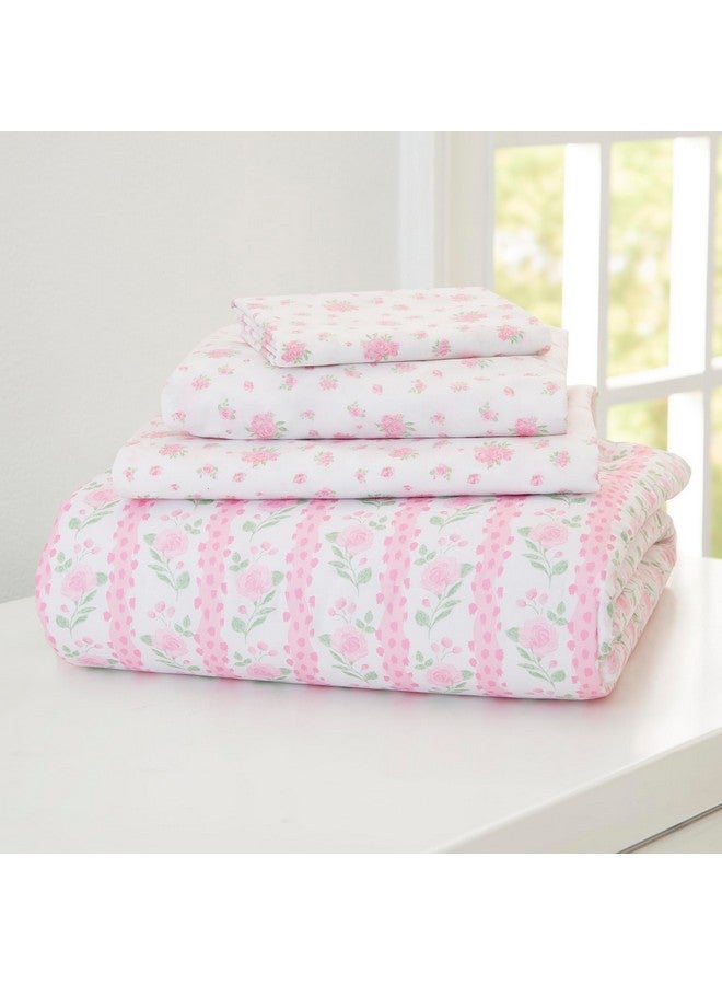 Delta Children 4 Piece Toddler Bedding Set for Girls - Reversible 2-in-1 Comforter - Includes Fitted Comforter to Keep Little Ones Snug, Bottom Sheet, Top Sheet, Pillow Case - Pink Floral - Image 4