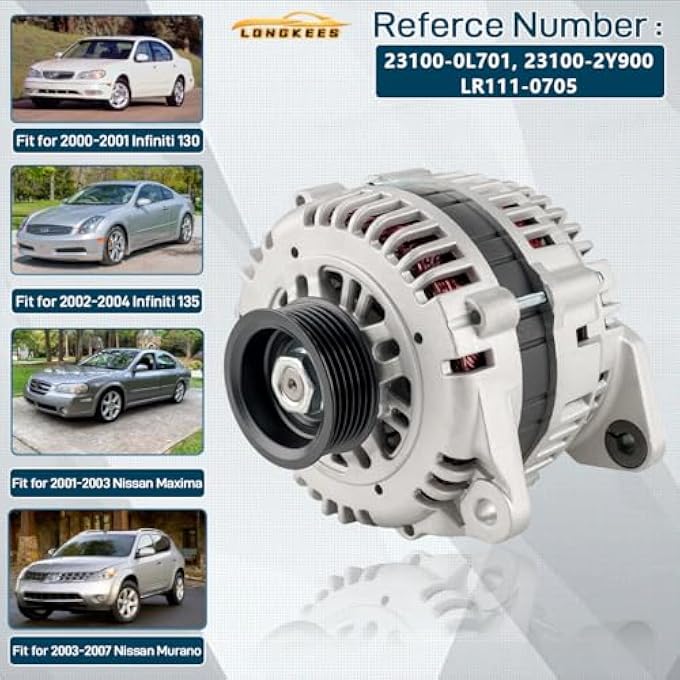 LONGKEES 13826 Alternator FIT 19952007 Nissan Maxima Murano & Infiniti I30 I35 110A 12V 6-Groove Pulley Replace OE# 23100-0L701, 23100-2Y900, LR111-0705 - Image 2
