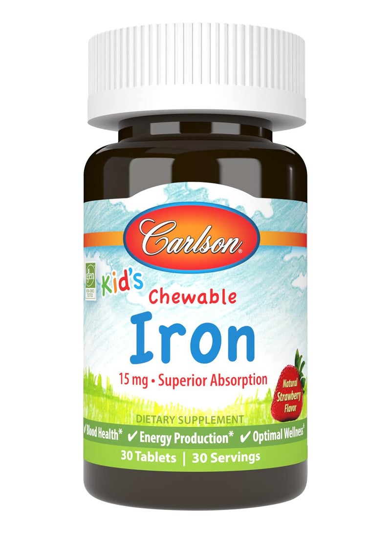 Carlson حديد قابل للمضغ للأطفال، فراولة، 15 ملغ، 30 قرص - Image 1