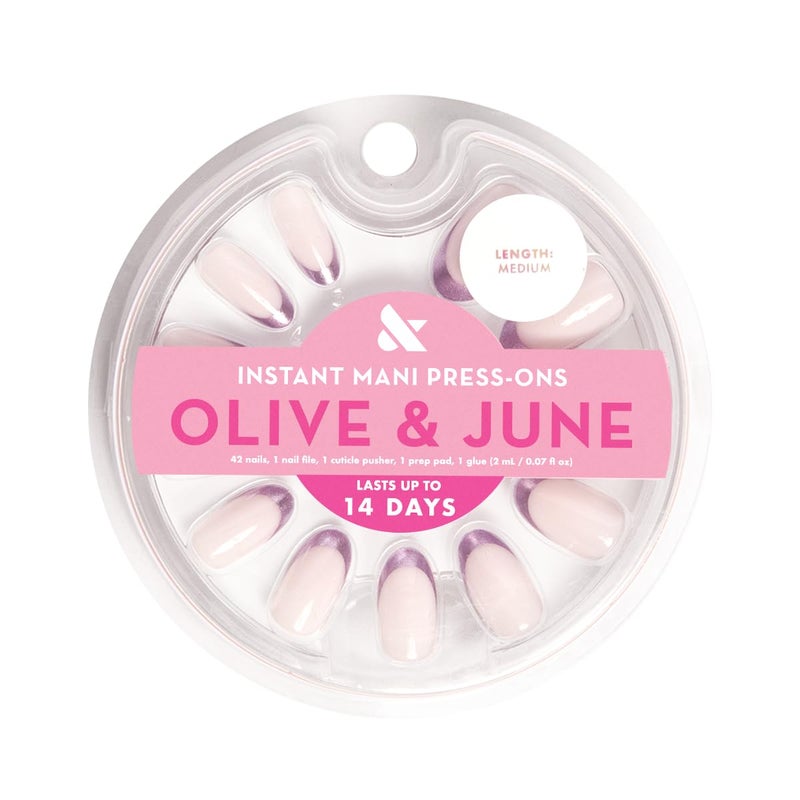 Olive & June Instant Mani Press-On Nails (Glue) | 42 Fake Nails, 21 Sizes | Non-Toxic, Long-Lasting Recycled Materials Realistic Look | Salon-Quality | Medium, Oval | Metallic French Lilac Shimmer - Image 2