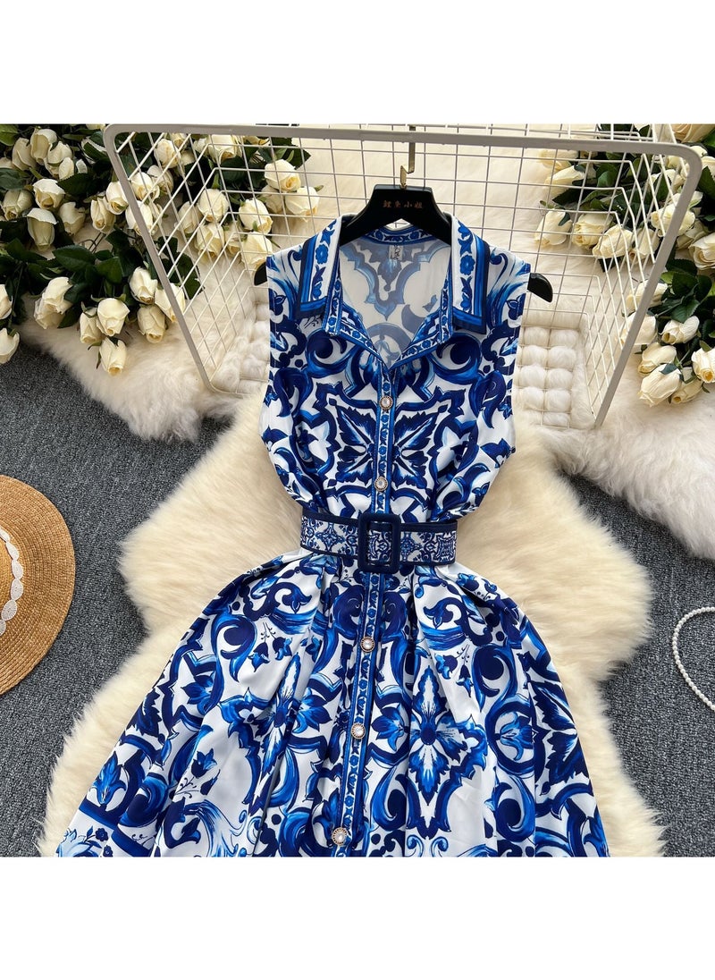 KUYING Retro Court Style Sleeveless Waist Cinching Slimming Printed Dress  - Image 2