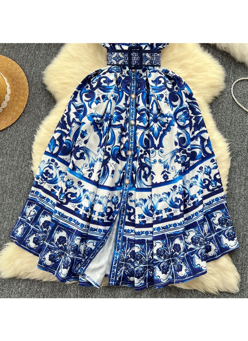 KUYING Retro Court Style Sleeveless Waist Cinching Slimming Printed Dress  - Image 3