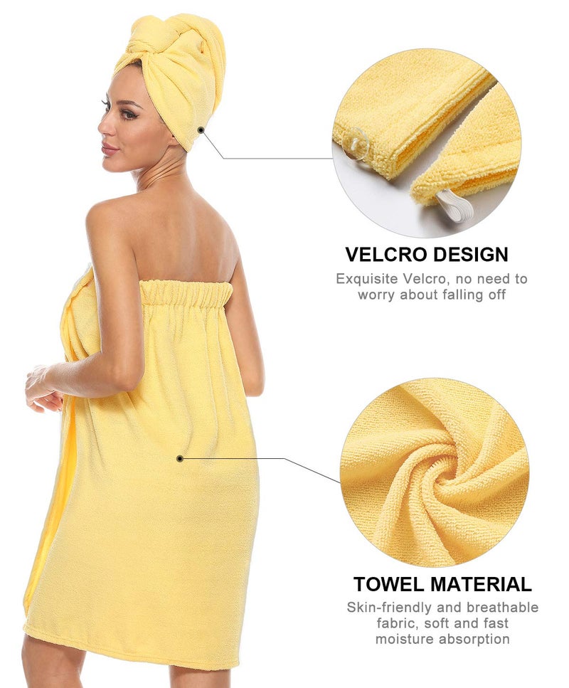 Kniffi Womens Wrap Towel Spa Wraps & Hair Towel Body Wrap Adjustable Closure Bathrobe Yellow S/M - Image 3