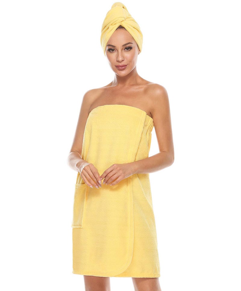 Kniffi Womens Wrap Towel Spa Wraps & Hair Towel Body Wrap Adjustable Closure Bathrobe Yellow S/M - Image 1