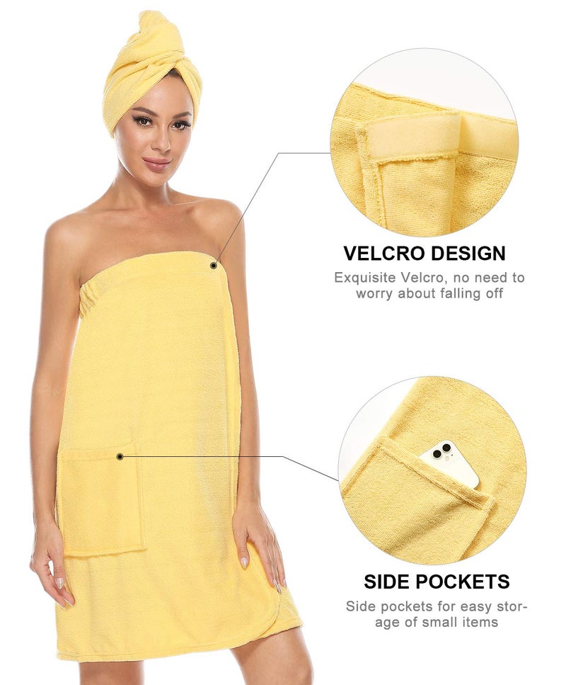 Kniffi Womens Wrap Towel Spa Wraps & Hair Towel Body Wrap Adjustable Closure Bathrobe Yellow S/M - Image 2